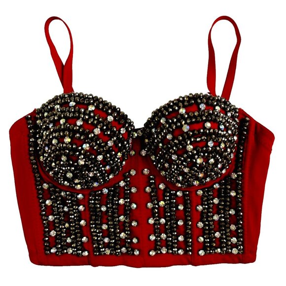 Women's Beaded Red Tank Corset Bra Bralette Spaghetti Strap Bustier Crop Top - Picture 1 of 10